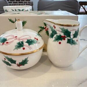 NEW Old Stock NOS Mikasa RIBBON HOLLY Covered Sugar Bowl and Creamer Orig Pkg